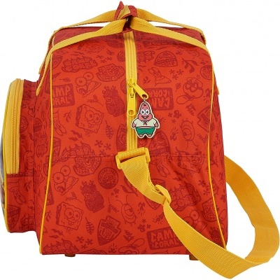 Mala retangular vermelha com padrão do Bob Esponja e alça amarela