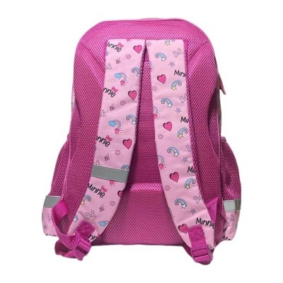 Mochila rosa com alças decoradas e detalhes refletivos
