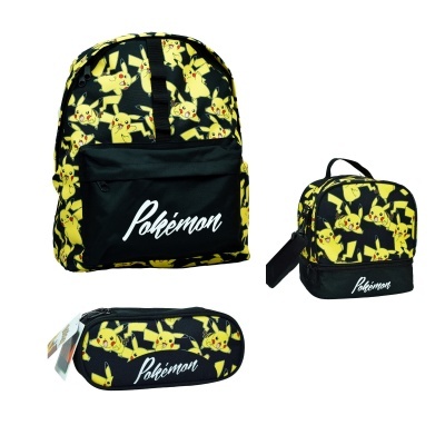 Mochila, bolsa e estojo com estampa do Pikachu e texto Pokémon