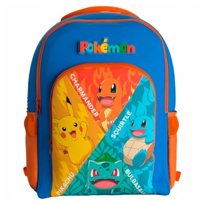 Mochila azul e laranja com personagens Pokémon na frente