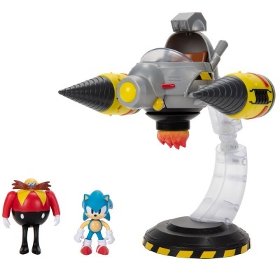 Figuras de brinquedo Sonic, Dr. Eggman e nave espacial cinzenta com detalhes amarelos numa base curva transparente
