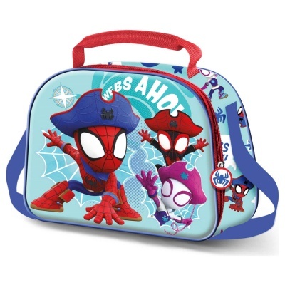Mala infantil com personagens cartoon do Spider-Man em traje de pirata e cor azul