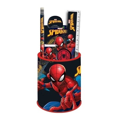 Conjunto escolar Homem-Aranha com suporte, lápis, régua, apontador e borracha