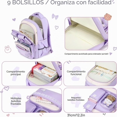 Mochila lilás com múltiplos bolsos e compartimentos organizados