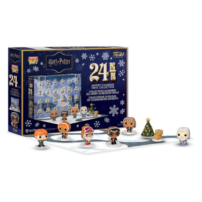 Caixa azul do calendário do advento Funko Pocket Pop! Harry Potter com 24 figuras vinílicas e personagens exibidos