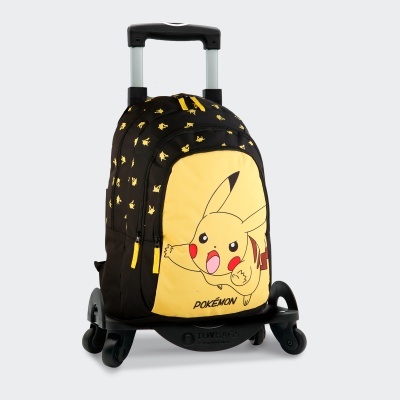 Mochila de rodinhas infantil preta e amarela com estampa de Pikachu do Pokémon