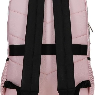 Mochila rosa com alças pretas vista de costas