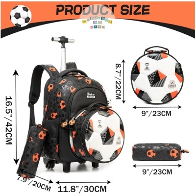 Mochila com rodinhas, mala redonda e estojo com padrão de bolas de futebol em preto, branco e laranja