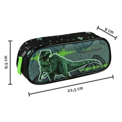 Estojo preto com estampado de dinossauro verde e fecho verde