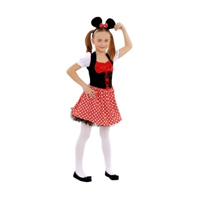 Menina com fantasia vermelha com bolinhas brancas e tiara com orelhas de rato