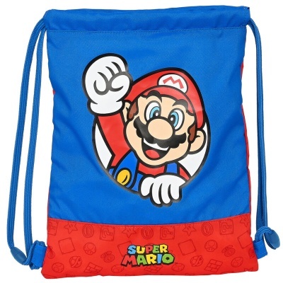Mochila saco azul e vermelha com imagem de Super Mario e texto SUPER MARIO