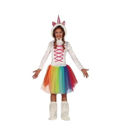 Fato de unicórnio infantil com saia arco-íris e botas brancas felpudas