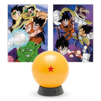 Puzzles Dragon Ball com personagens e esfera laranja com estrela vermelha numa base preta