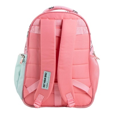 Mochila escolar cor-de-rosa vista de trás com alças acolchoadas e bolso lateral azul claro.