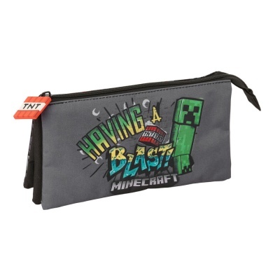 Estojo cinzento com estampado Minecraft e fecho de correr preto e vermelho