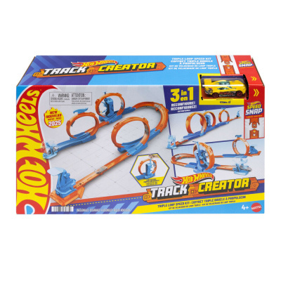Conjunto Hot Wheels Track Creator com três loops e carro amarelo.