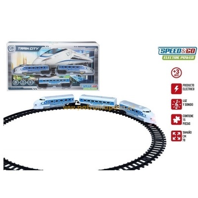 Jogo de comboio elétrico Speed & Go com três carruagens brancas e azuis em trilhos circulares