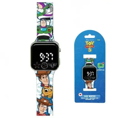 Relógio LED Toy Story 5 com bracelete colorida de plástico e embalagem azul