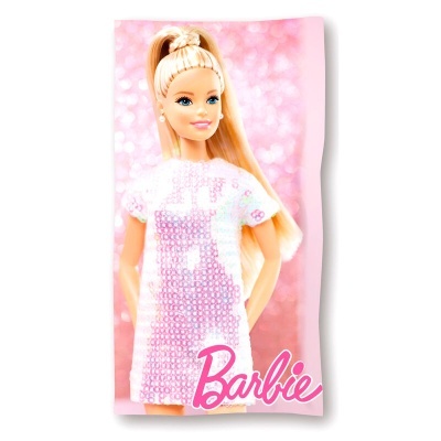 Toalha retangular com estampa da boneca Barbie em fundo rosa
