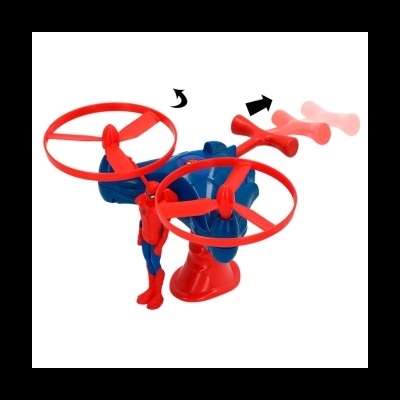 Brinquedo lançador com figura azul e hélices vermelhas sobre fundo branco