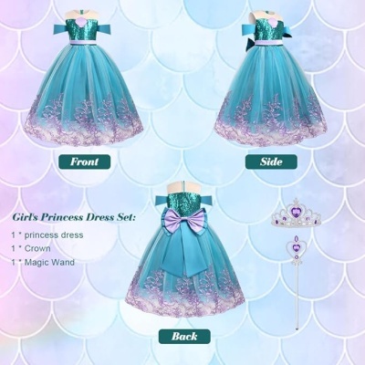 Vestido de princesa azul turquesa com renda lilás, laço e acessórios