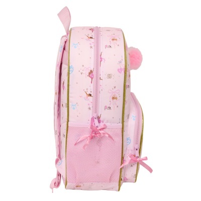 Mochila infantil rosa com desenhos de bailarinas e pompom rosa