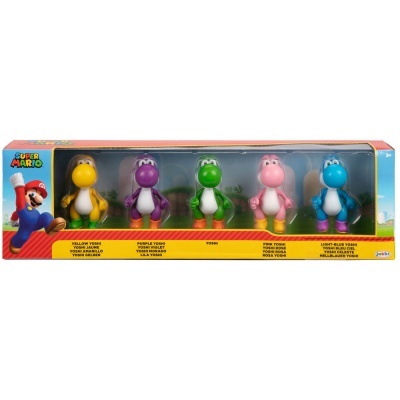 Pack de cinco bonecos Super Mario tipo Yoshi em várias cores numa caixa de embalagem.