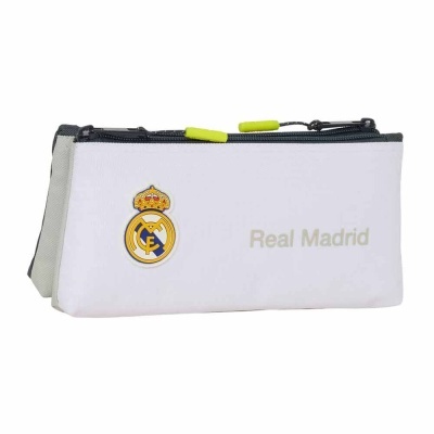 Estojo branco com fecho preto e emblema do Real Madrid