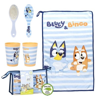 Conjunto infantil Bluey & Bingo com escovas, copos e saco de tecido listrado