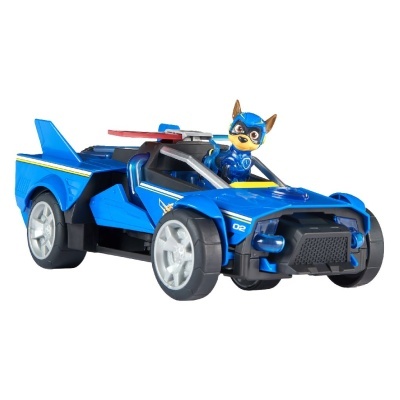 Carro de brinquedo azul com figura de cão no banco do condutor