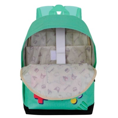 mochila verde água com padrão Sanrio interior e alças ajustáveis