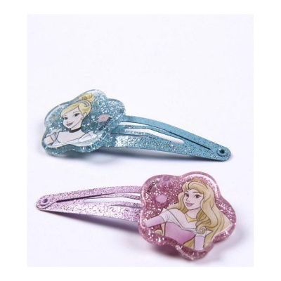 Duas molas de cabelo brilhantes azul e rosa com imagens de personagens Disney