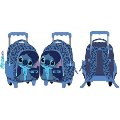 Mochilas de rodinhas azuis com imagem do Stitch e padrão de riscas