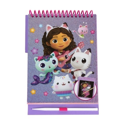Caderno espiral lilás com personagens de menina e animais animados e caneta
