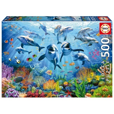 Caixa de puzzle subaquático EDUCA 500 peças com golfinhos e peixes coloridos
