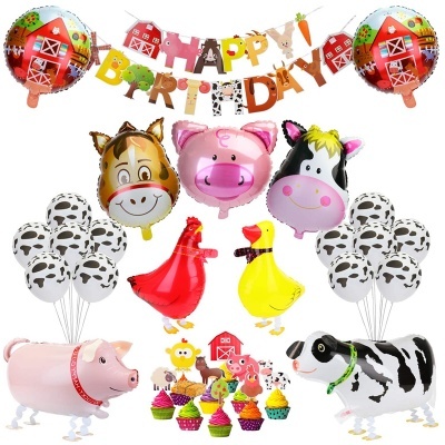 Balões temáticos de quinta para festa com animais e decorações coloridas