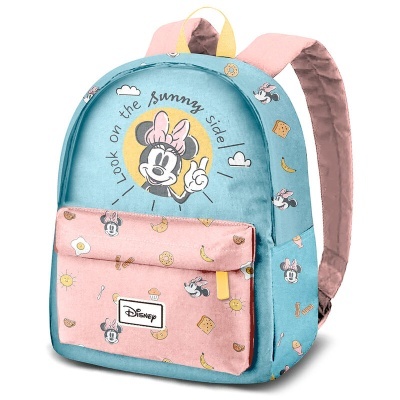 Mochila Disney azul claro e rosa com estampa de Mickey Mouse e Minnie, bolso frontal e alças acolchoadas.