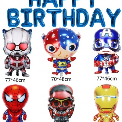 Balões foil de aniversário com tema de super-heróis coloridos e letras azuis HAPPY BIRTHDAY