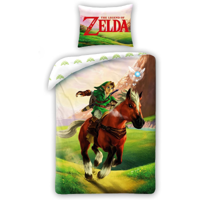 Conjunto de roupa de cama The Legend of Zelda com personagem a cavalo em campo verde.