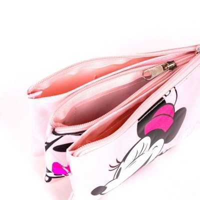 Estojo duplo rosa com estampa de personagem animada e zíperes