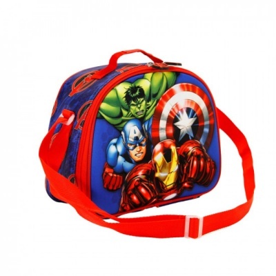 Mala infantil dos Vingadores com personagens coloridos e alças vermelhas.