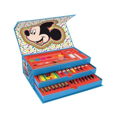 Estojo de arte infantil azul com materiais artísticos e imagem do Mickey Mouse