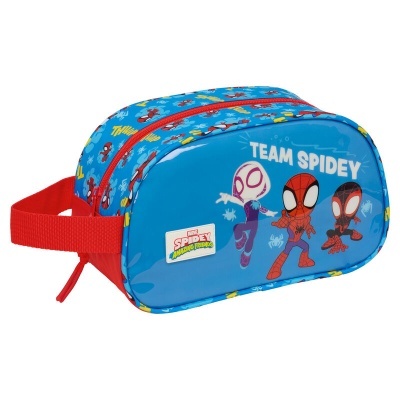 Neceser azul com personagens do Spiderman e fecho vermelho