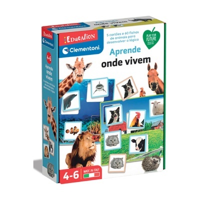Caixa de jogo educativo Clementoni Aprende onde vivem com imagens de animais e pastagem
