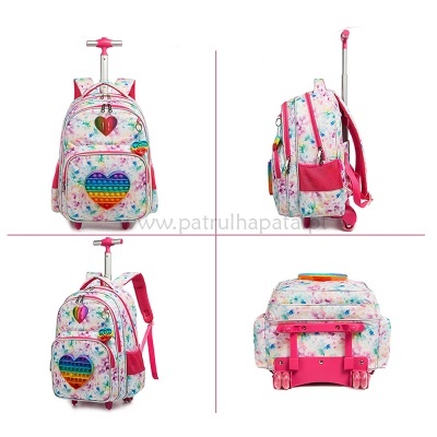 Mochila escolar colorida com rodas e coração de bolhas multicoloridas