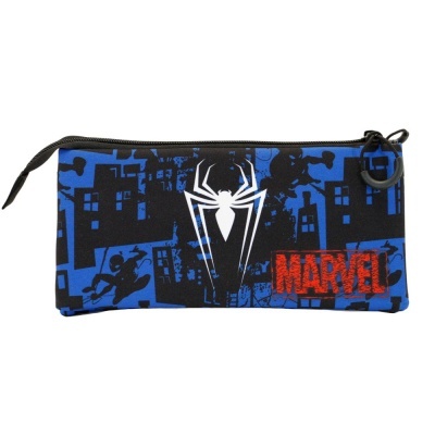 Estojo azul e preto com símbolo branco de aranha e texto vermelho MARVEL
