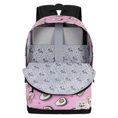 Mochila rosa com abacates e interior branco com padrão POP