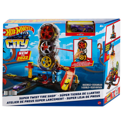 Caixa do brinquedo Hot Wheels City Super Twist Tire Shop com pista e carros