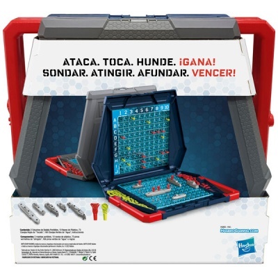 Jogo de tabuleiro com pinos e navios em azul, vermelho e cinzento, caixa branca com texto em português e logotipo Hasbro.