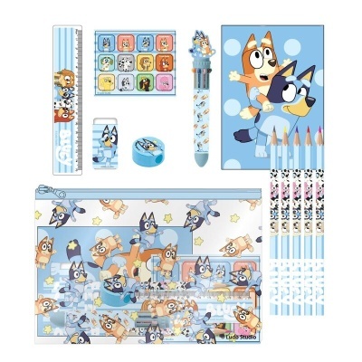 Conjunto de material escolar Bluey com personagens em azul e laranja